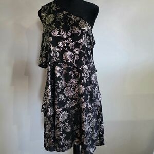 Ava & Aiden Black and Gold Floral One-Shoulder Ruffle Dress